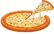 © fazadinoo - A Deliciously Golden-Crusted Pizza with Savory Toppings and a Mouthwatering Slice Being Pulled Away, Revealing Glorious Strings of Melted Cheese