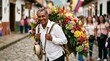© Margarita Ratatosk - Man carrying traditional silleta filled with colorful flowers during La Feria de las Flores. Farmer wearing white shirt holding wooden structure with plant arrangement. Cultural celebration.