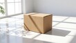 © Isa - Closed brown cardboard box on white floor with sunlight shadows