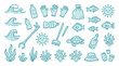 © Meila - Collection of cartoon illustrations depicting ocean pollution and cleanup efforts, including waves, plastic bottles, gloves, trash bags, fish, sun, turtle, and coral.
