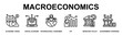 © Naba - Macroeconomics Banner Web Outline Icon Vector Illustration Concept for Business with Icons of Economic Crisis, Digital Economy, International Consumer, Consumer Price Index, Monetary Policy