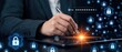© BIZTECHART - A business professional signing a digital document on a tablet surrounded by security icons representing cybersecurity data protection and digital transactions.
