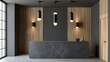 © Agus - Modern dark stone reception desk with accent pendant lighting.
