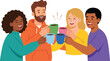 © Zahra - Four friends clinking coffee cups together in a casual social gathering