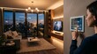 © nabisha - Woman using a smart home control panel to adjust living room lighting on transparent background