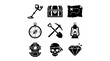 © faizin - Black and white vector icons of pirate treasure hunting equipment, including metal detector, chest, map, compass, tools, lantern, helmet, skull, diamond.