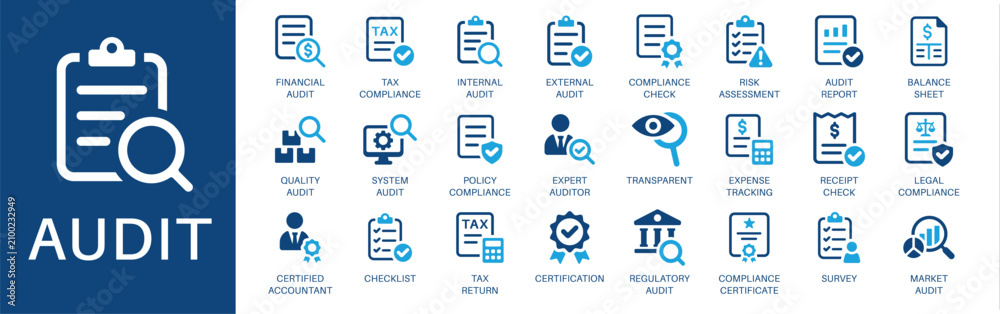 Audit and compliance solid icon set. Symbols for financial audit, tax ...