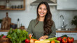 © polack - Fresh vegetables surround her, colorful, crisp. Handy, casual attire suits her cheerful demeanor. Natural light enhances kitchen's inviting atmosphere