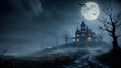 © KAZIBANNYA - Spooky halloween night background with haunted house full moon and bats