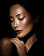 © FANGWORLD - Portrait of elegant Asian woman with dramatic lighting and bold makeup. High fashion beauty shot featuring radiant skin and dark lipstick in shadows