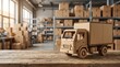 © Mariia - Cardboard delivery truck model in a warehouse filled with shipping boxes. Logistics, parcel delivery, postal service, supply chain, e commerce fulfillment and freight transportation