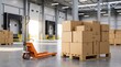 © Mariia - Cardboard boxes stacked on a pallet with a manual pallet jack inside a modern warehouse. Logistics, warehousing, inventory management, shipping and e commerce fulfillment concept