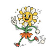 © muniro - A happy cartoon flower character running and showing a peace sign
