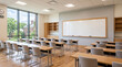 © ALI - Empty classroom with whiteboard. Unoccupied school room with desks