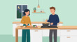 © FaiSTUDIO - Happy couple cooking dinner together in kitchen at night, preparing meal