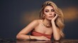 © melina - Beautiful woman with voluminous blonde hair wearing luxury chunky gold jewelry set, leaning on marble table, generative AI