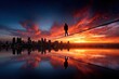 © YouraPechkin - Tightrope walker balances on a line against a vibrant city sunset skyline with reflections