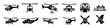 © Khmel - Helicopter aircraft aviation transportation vehicle icons collection featuring various types, parts, and uses in a modern minimalist black silhouette style.