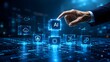 © D' Architect - Digital transformation: Professional's hand interacting with a glowing AI cube, integrating artificial intelligence with futuristic data and cloud technology.