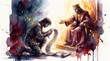 © Xenia - Servant kneeling with debt scroll before merciful king. Parable of the unmerciful servant watercolor illustration. Forgiveness and mercy concept