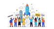 © Gugugaga - Diverse group of people celebrating business success with rocket launch and achievement signs in colorful illustration