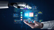 © InfiniteFlow - Futuristic Interface Interaction Between Human Hand and Robotic Hand in a High-Tech Environment with UI and UX Design Elements Quark.