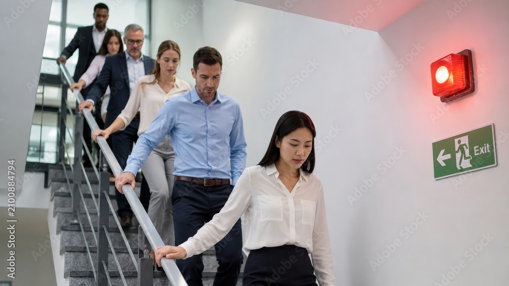 Foto Group of office colleagues descending stairs during emergency ...