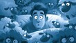 © 69 - Surprised man lying awake in bed surrounded by cartoon sheep with wide eyes in a surreal nighttime scene for insomnia concept and sleep problem illustration