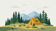© Teguh - Minimalist flat mountain camping landscape background with outdoor tent pine forest banner
