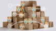 © rendy - Stacked wooden blocks with glowing geometric patterns and digital icons