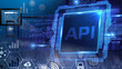 © le - The integrated circuit with API text and the digital connectivity background illustrate application programming interface technological development. Semiconductors, digital infrastructure