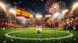 Spanish national football team victory celebration in stadium with fireworks and confetti