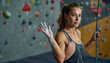 © Bernd Schmidt - Female rock climber posing standing creating adventurous and strong outdoor gear advertising aesthetic atmosphere generative AI