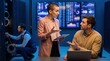 © 5 Grace Media - IT professionals discussing data center operations with server racks and screens in the background.