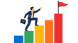 © Sima - Businessman climbing staircase with rising growth chart bars reaching red flag at top holding briefcase symbolizing career success professional development corporate ambition achievement victory