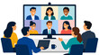© MdSazudul - Business team video conference, diverse professionals around table watching monitor showing grid of smiling remote colleagues, vector illustration for corporate meeting, remote collaboration concept