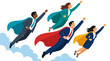 © MdSizu - Dynamic Team of Superhero Business People Flying Upward Through Clouds with Colorful Capes, Bold Flat Vector Illustration of Corporate Success, Leadership Excellence and Teamwork Achievement