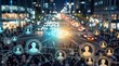 © Ryan - Abstract social media network connection overlay on blurred busy city street at night, global communication technology and digital community interaction concept with user profil...