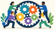 © Somela - Vivid vector illustration of diverse colleagues collaboratively spinning giant interconnected colorful gears symbolizing teamwork unity innovation and business synergy in modern corporate environment