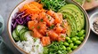 © Daniyal - A colorful salmon poke bowl with avocado, rice, edamame, cucumber, cabbage, carrots, seaweed and sesame, suited for healthy menu advertising.
