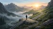 © Farhana  - Person standing on stone staircase overlooking misty mountain valley at sunrise representing success journey personal growth and life goals achieving new heights