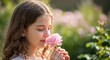 © Angavlan - Girl enjoying fragrance of pink rose while standing in garden filled with blooming flowers. Child embraces nature's beauty by holding pink rose gently to her nose.