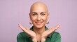© Aurora Aesthetics - bald woman smiling hands face beauty portrait inclusion confidence diversity Joyful adult frames her head with open palms against purple for self acceptance hair loss awareness and wellness branding