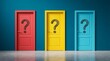 © DailyLens Studio - Conceptual image of three vibrant doors with question marks signifying difficult life choices and decision making.