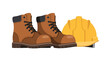 © Malina - Vector Illustration of Brown Safety Work Boots and Yellow Hard Hat Isolated on White Background - Personal Protective Equipment (PPE) for Construction and Industrial Safety