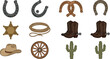 © Md - Wild West Cowboy Elements Icon Set Featuring Horseshoes, Sheriff Star Badge, Lasso Rope, Leather Boots with Spurs, Hat, Wagon Wheel, and Cactus Symbols for Vintage Western Designs