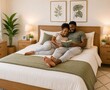 © Newton - Couple Reading Book Together in Green Bedroom.