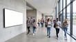 © Trashgrey - Students walk down a modern school hallway with a large blank poster board