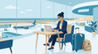 © naru - Businesswoman working on laptop in airport lounge, large window view of airplane