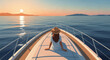 © Fhang - Vector illustration of a woman wearing a straw hat sitting on the bow of a boat during sunset. Scenic ocean view with mountains on horizon. Minimalist digital art style composition.